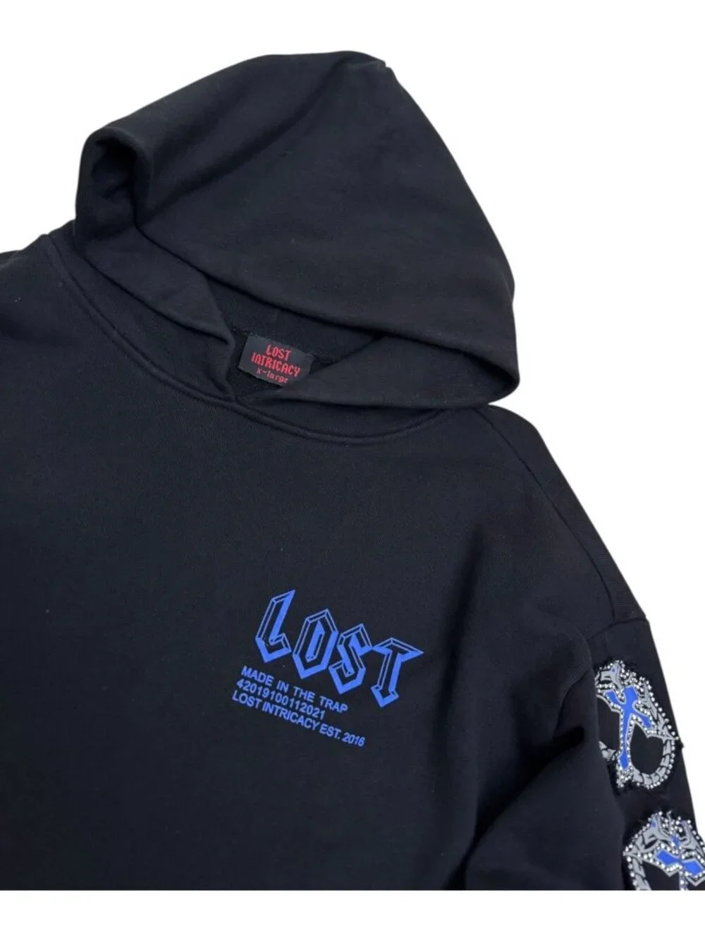 LOST INTRICACY Luxury Streetwear Rap Black Blue Hoodie Sweatshirt Mens XL